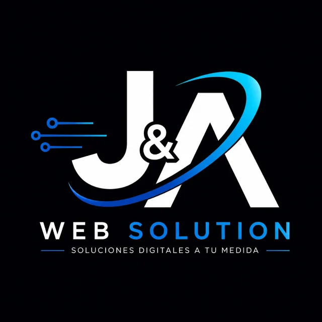 Logo de J&A Web Solution: las letras J y A unidas por un &, con un arco azul y el lema «Soluciones digitales a tu medida».