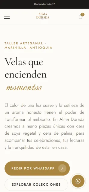 Portada de Alma Dorada en celular, con el botón «Pedir por WhatsApp».