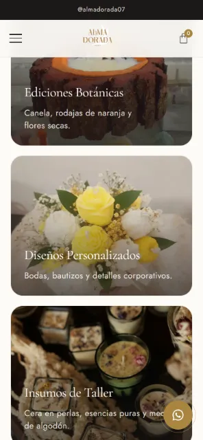 Colecciones de Alma Dorada en celular: Ediciones Botánicas, Diseños Personalizados e Insumos de Taller.