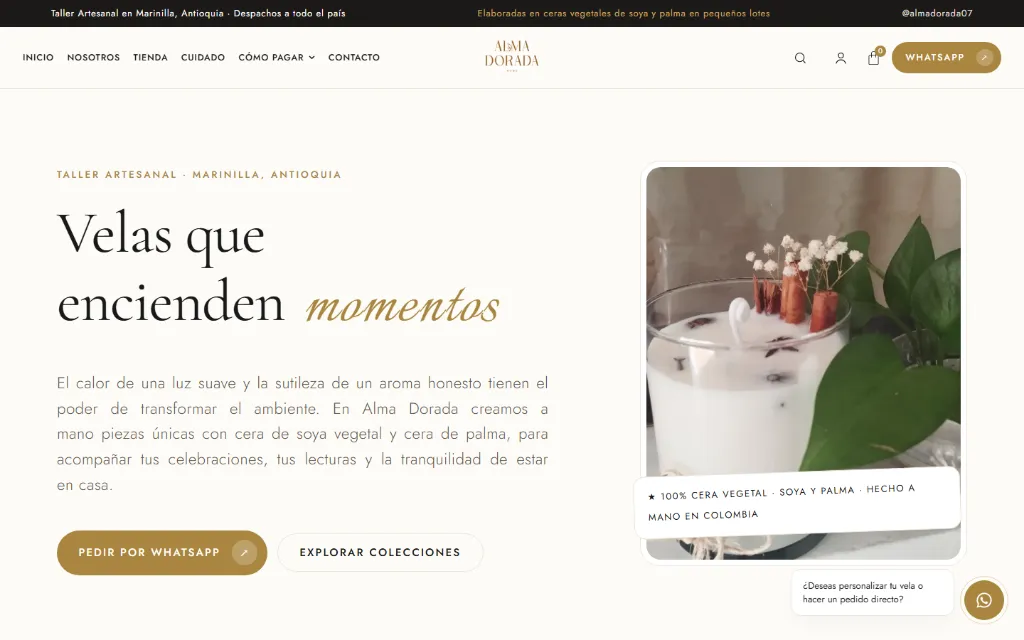 Portada de Alma Dorada en computador: titular «Velas que encienden momentos» sobre fondo crema y foto de una vela con canela.