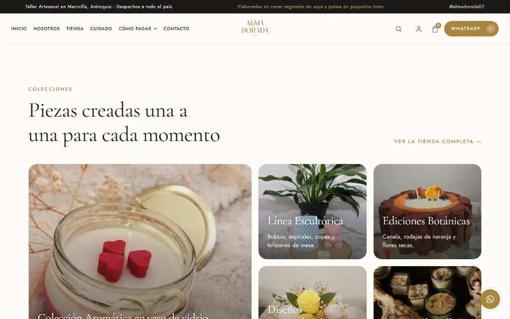 Colecciones de Alma Dorada: «Piezas creadas una a una para cada momento», con fotos de velas.