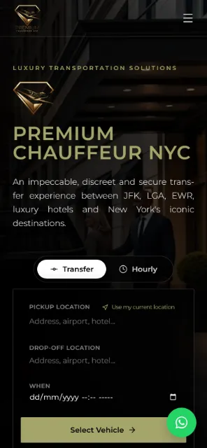 Portada de Premium Chauffeur NYC en celular, con el buscador de traslados.