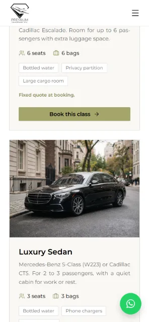 Ficha del sedán de lujo en la versión para celular de Premium Chauffeur NYC.