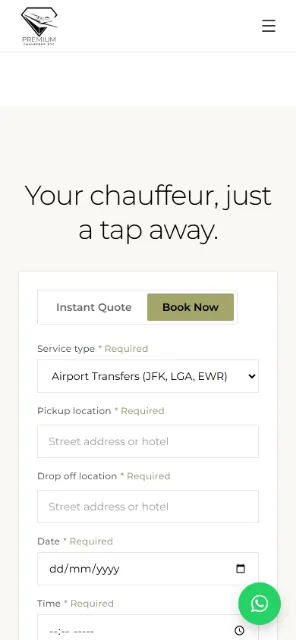 Formulario de reserva de Premium Chauffeur NYC en celular.