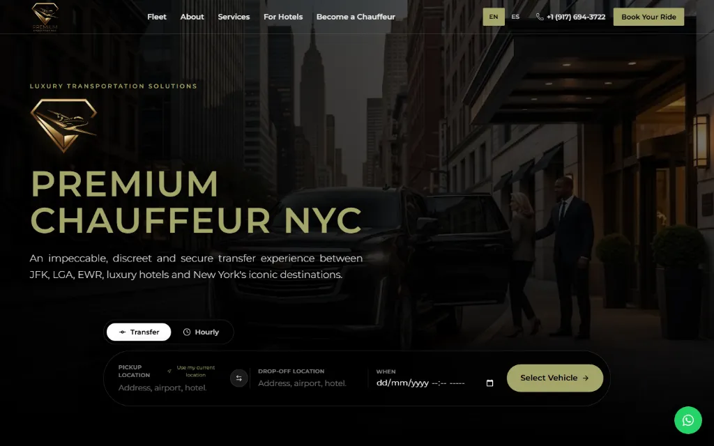 Portada de Premium Chauffeur NYC: titular dorado sobre una calle de Nueva York de noche y buscador de traslados.