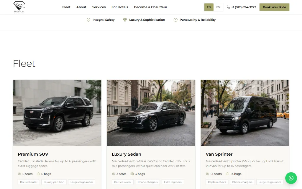 Flota de Premium Chauffeur NYC: SUV, sedán y van, con capacidad de pasajeros y equipaje.