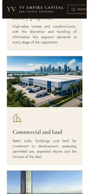 Tipos de propiedad de YV Empire Capital en celular, con la foto de un edificio comercial.