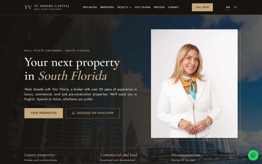 Portada de YV Empire Capital: titular «Your next property in South Florida» con retrato de la asesora inmobiliaria.