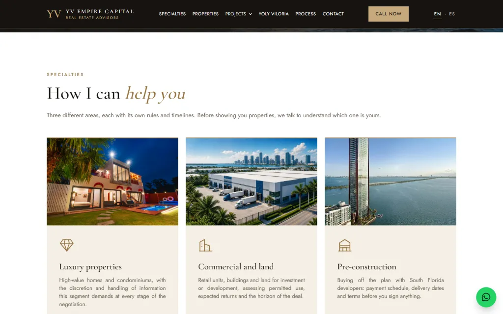 Sección «How I can help you» de YV Empire Capital, con tres tipos de propiedades.